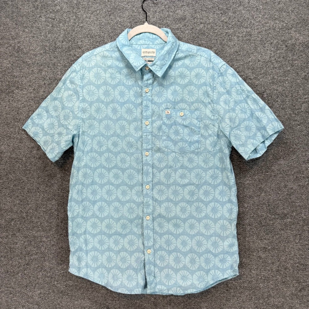 Quiksilver Button Up Shirt Mens Medium Blue Geometric Short Sleeve Hawaiian
